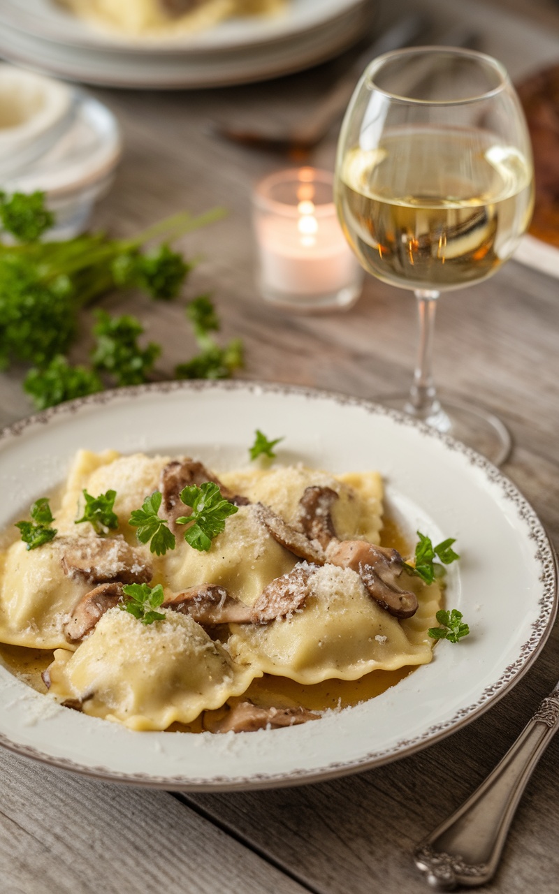 Plate of mushroom ravioli topped with garlic cream sauce, garnished with parsley and Parmesan.